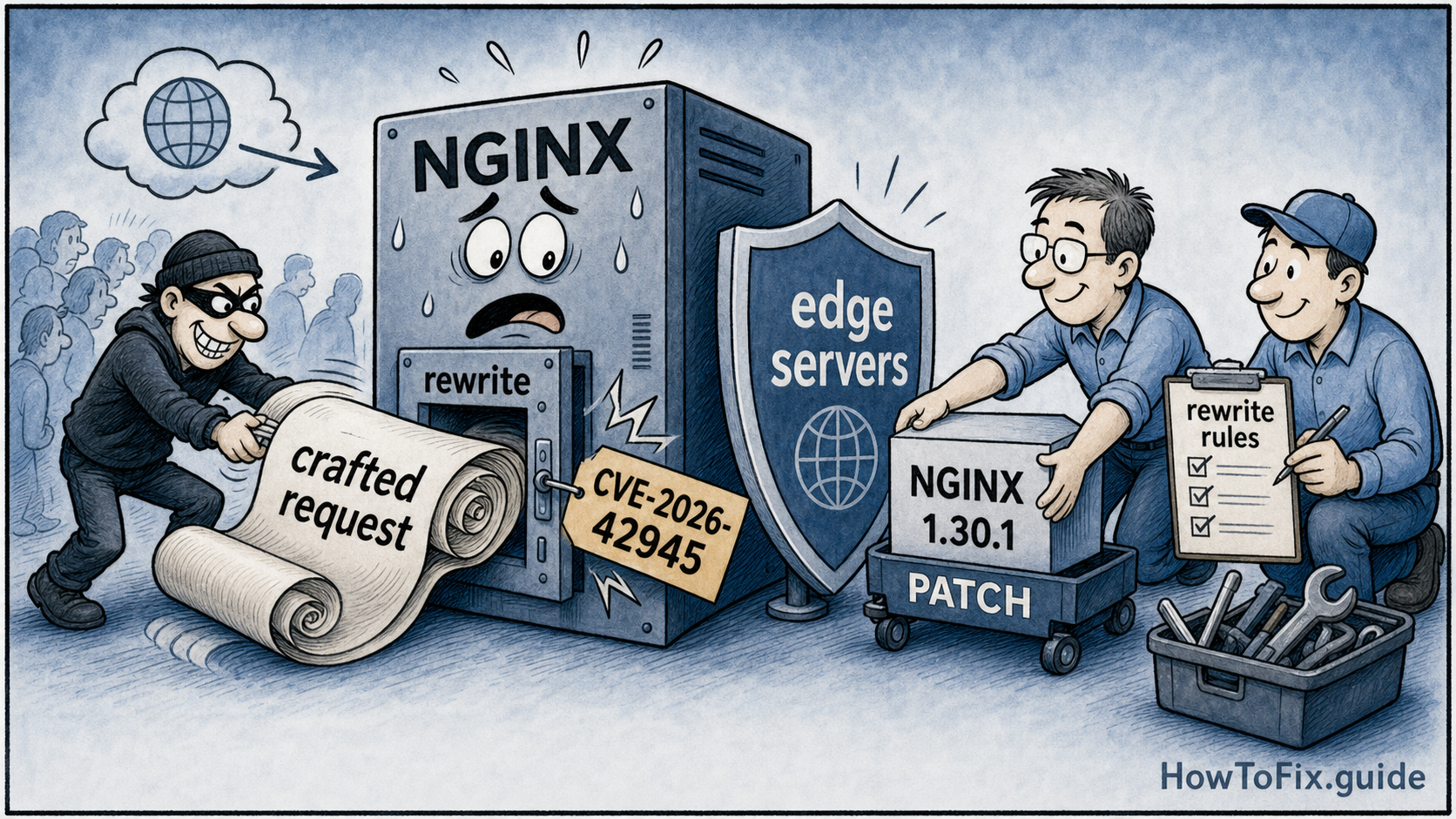 Cartoon showing NGINX CVE-2026-42945 rewrite module exploitation and admins patching edge servers