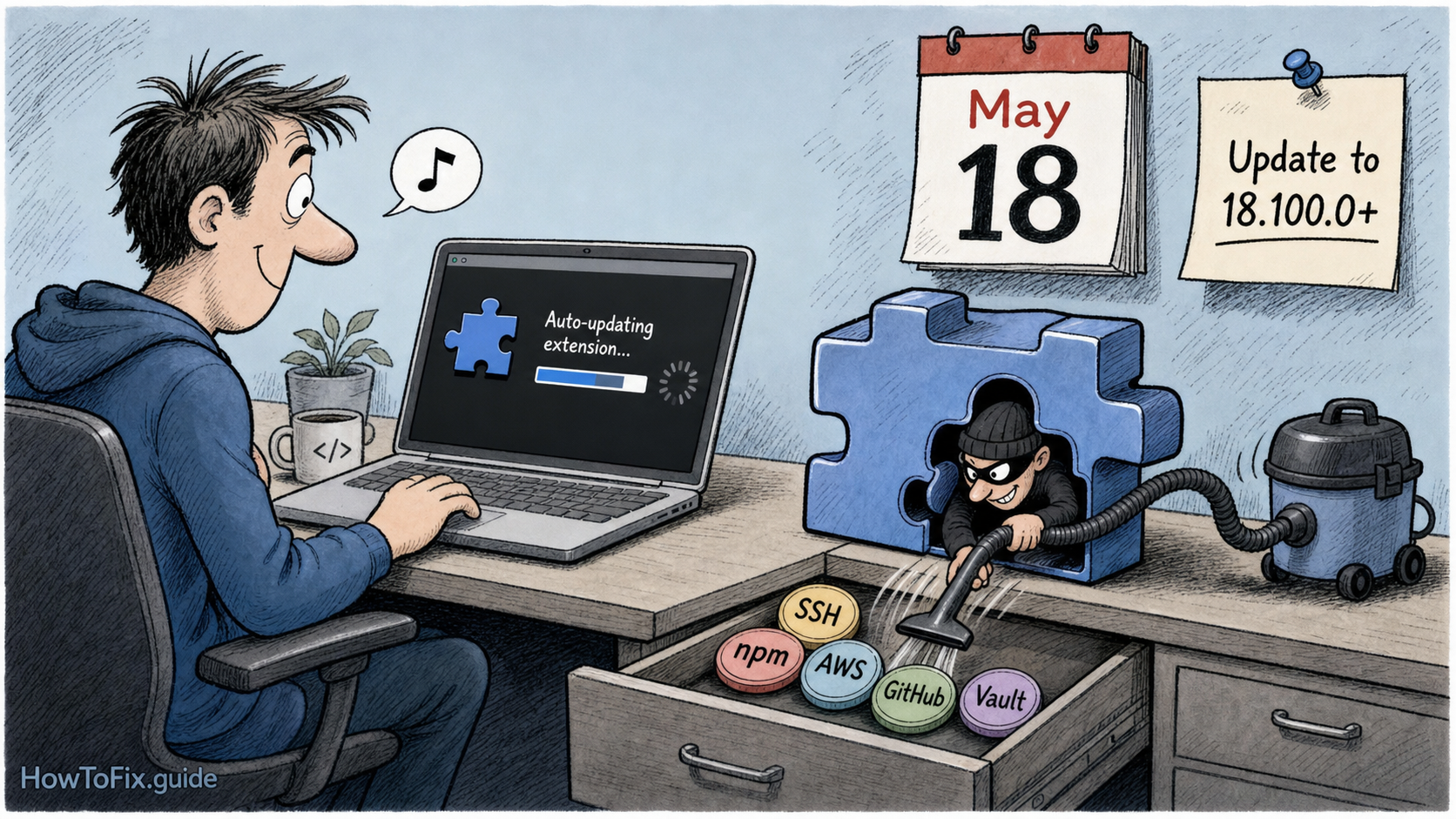 Editorial comic about Nx Console CVE-2026-48027 stealing developer secrets