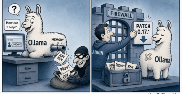 Editorial cartoon about Ollama CVE-2026-7482 Bleeding Llama leaking prompts API keys and environment variables