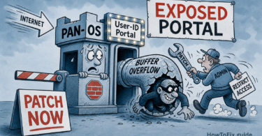 Cartoon showing an exposed PAN-OS User-ID portal exploited through a buffer overflow while an admin patches access