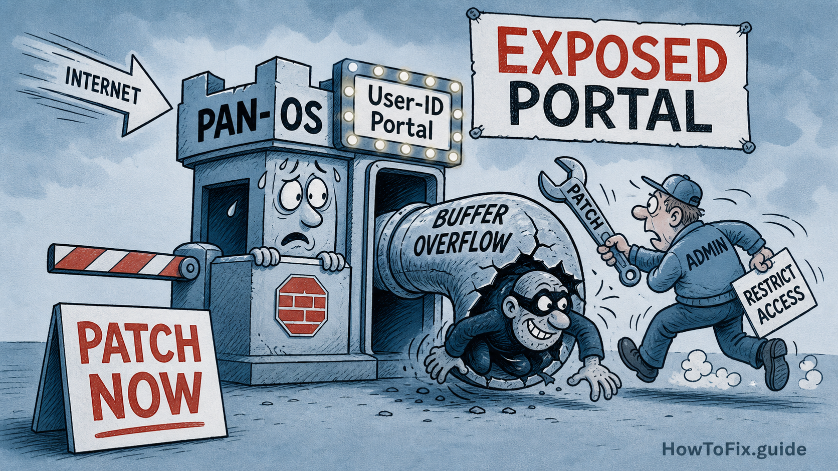 Cartoon showing an exposed PAN-OS User-ID portal exploited through a buffer overflow while an admin patches access