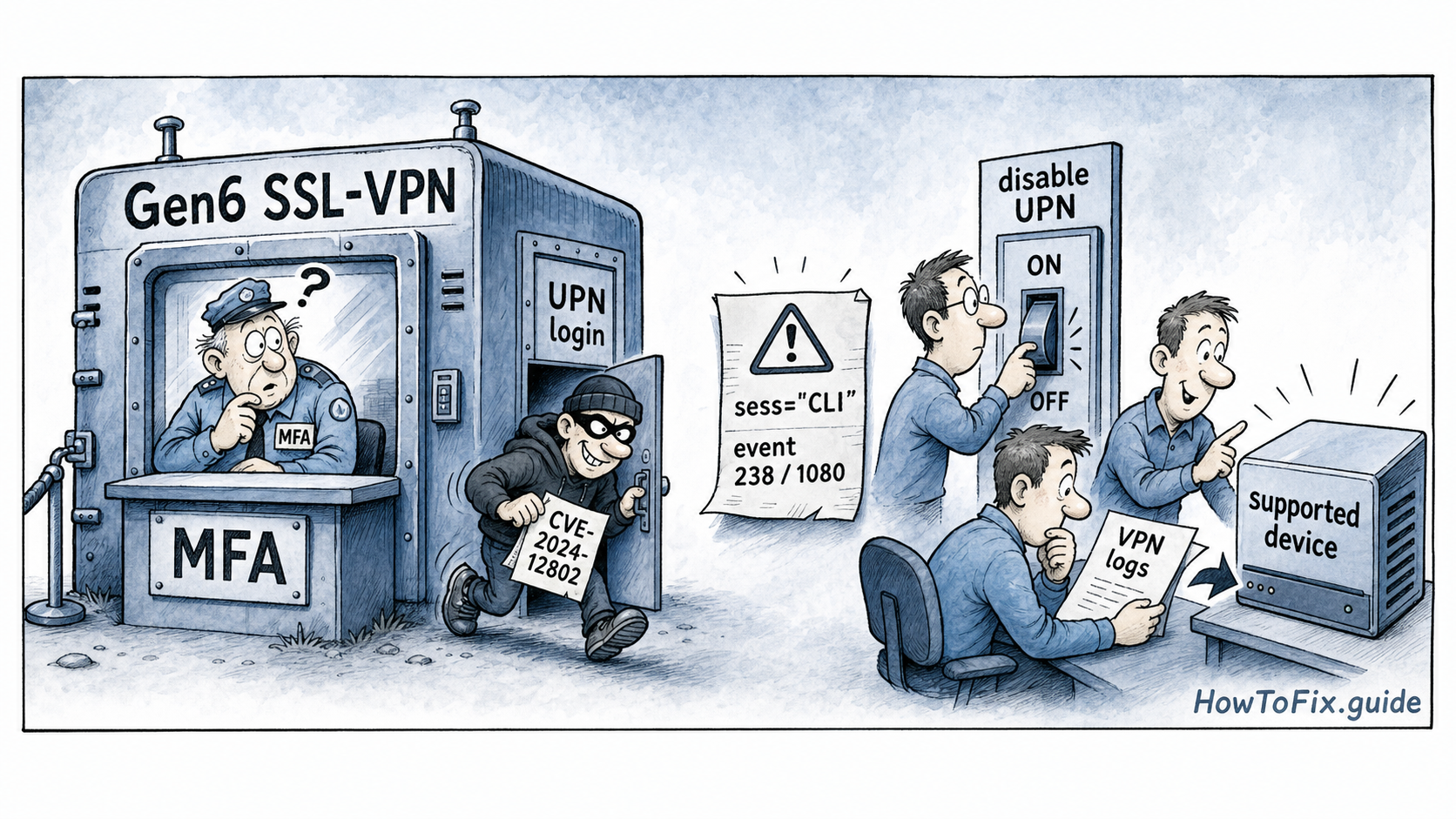 Cartoon showing a SonicWall Gen6 SSL-VPN MFA guard while an attacker slips through a UPN login side door