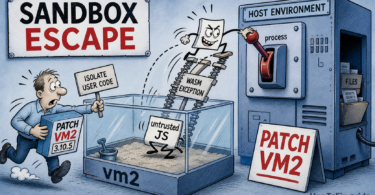 Cartoon showing untrusted JavaScript escaping a vm2 sandbox through a WASM exception path