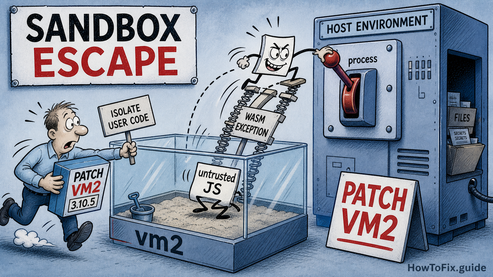 Cartoon showing untrusted JavaScript escaping a vm2 sandbox through a WASM exception path