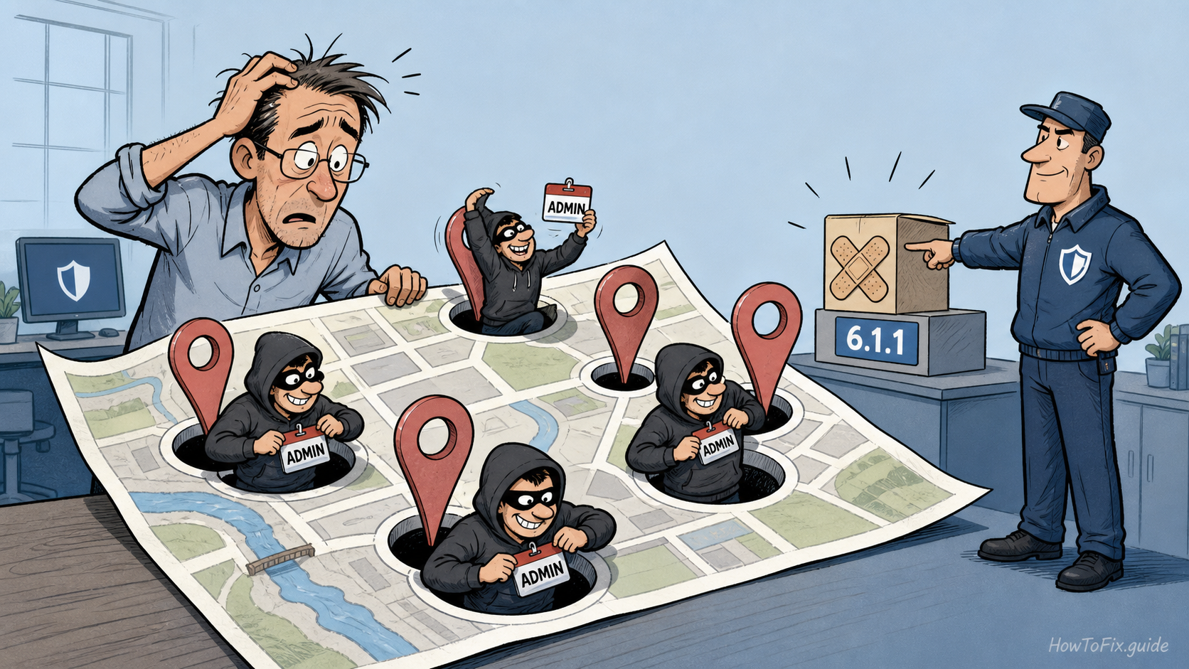 Editorial cartoon about attackers getting WordPress administrator badges through map pins