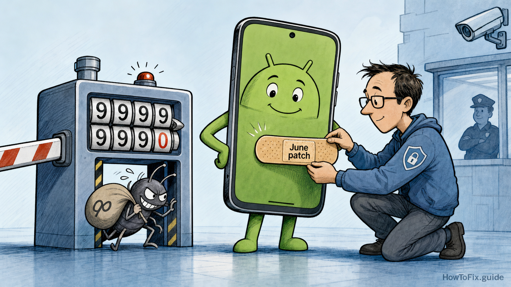 Editorial comic showing an Android phone receiving a June patch while an overflow bug is stopped at a security gate