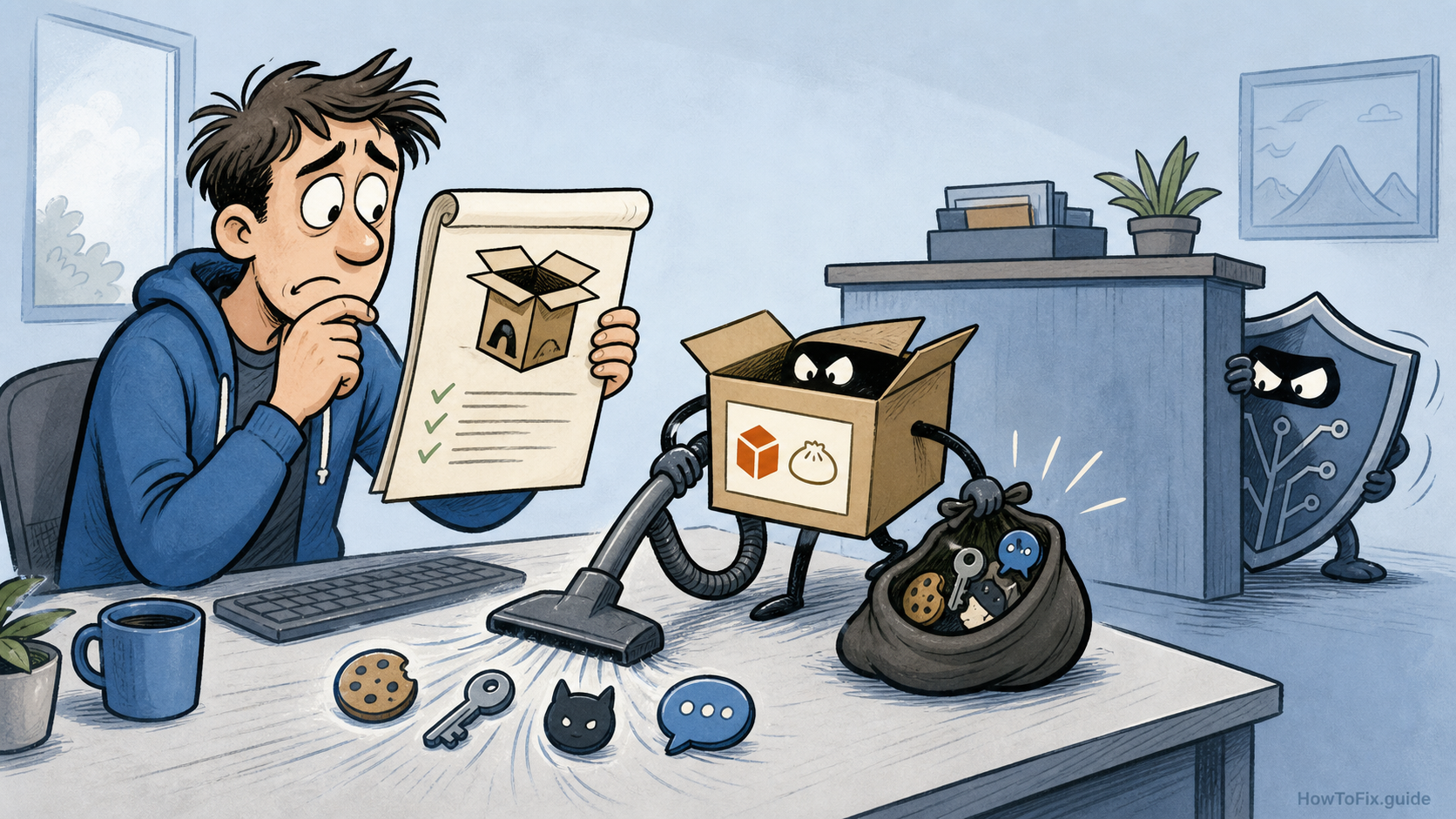 Editorial cartoon showing an AUR package recipe pulling in a malicious dependency that steals developer secrets