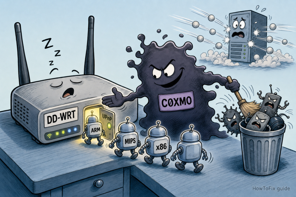 Editorial comic showing the C0XMO Gafgyt botnet entering a DD-WRT router through UPnP