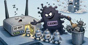 Editorial comic showing the C0XMO Gafgyt botnet entering a DD-WRT router through UPnP