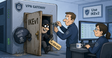 Editorial comic showing a deprecated IKEv1 VPN door being exploited through CVE-2026-50751