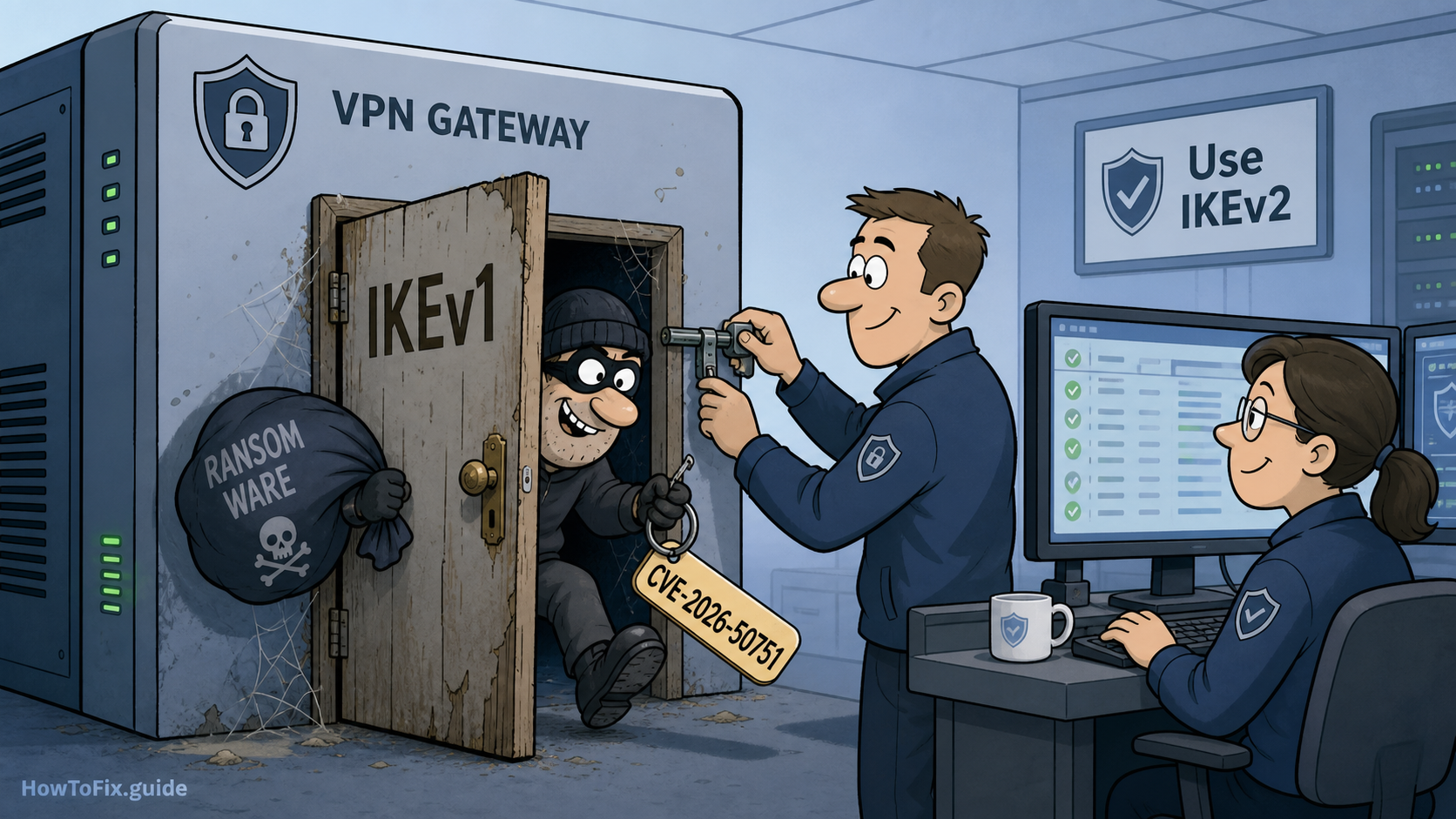 Editorial comic showing a deprecated IKEv1 VPN door being exploited through CVE-2026-50751