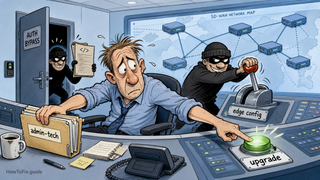 Editorial cartoon about Cisco SD-WAN Manager CVE-2026-20245 exploitation and admin-tech log collection.