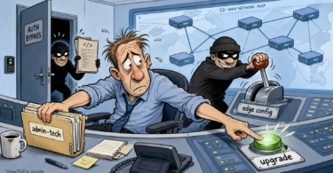 Editorial cartoon about Cisco SD-WAN Manager CVE-2026-20245 exploitation and admin-tech log collection.