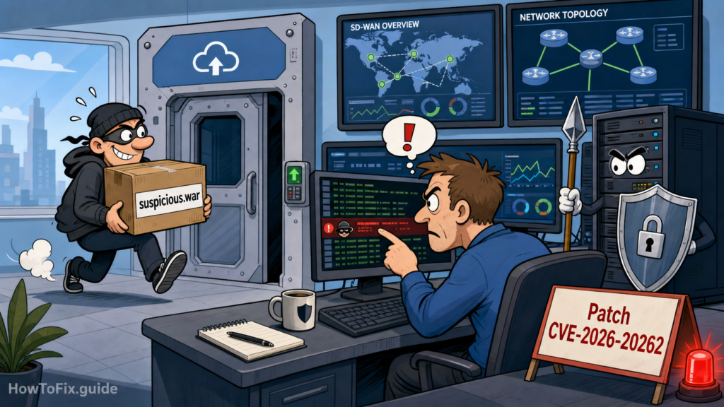 Editorial cartoon about Cisco SD-WAN CVE-2026-20262 suspicious WAR upload detection