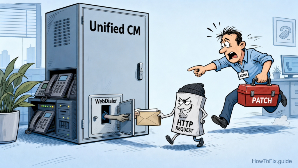 Editorial cartoon showing Cisco Unified CM WebDialer being patched after CVE-2026-20230