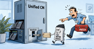 Editorial cartoon showing Cisco Unified CM WebDialer being patched after CVE-2026-20230