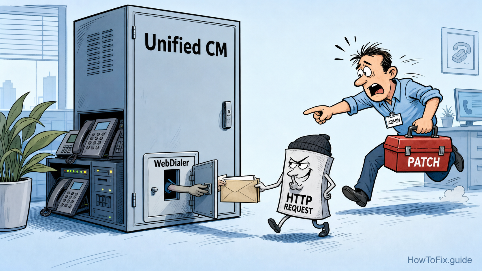 Editorial cartoon showing a WebDialer side door on Cisco Unified CM being patched