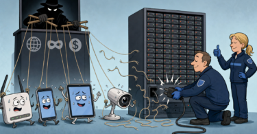Editorial cartoon of investigators unplugging servers from a botnet of home devices