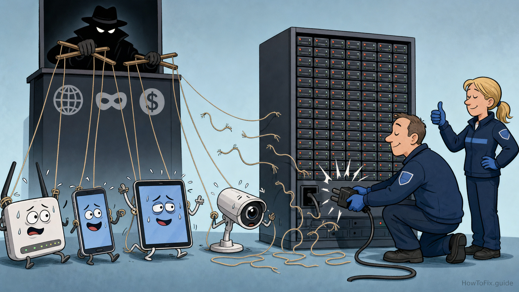 Editorial cartoon of investigators unplugging a botnet server rack from home devices