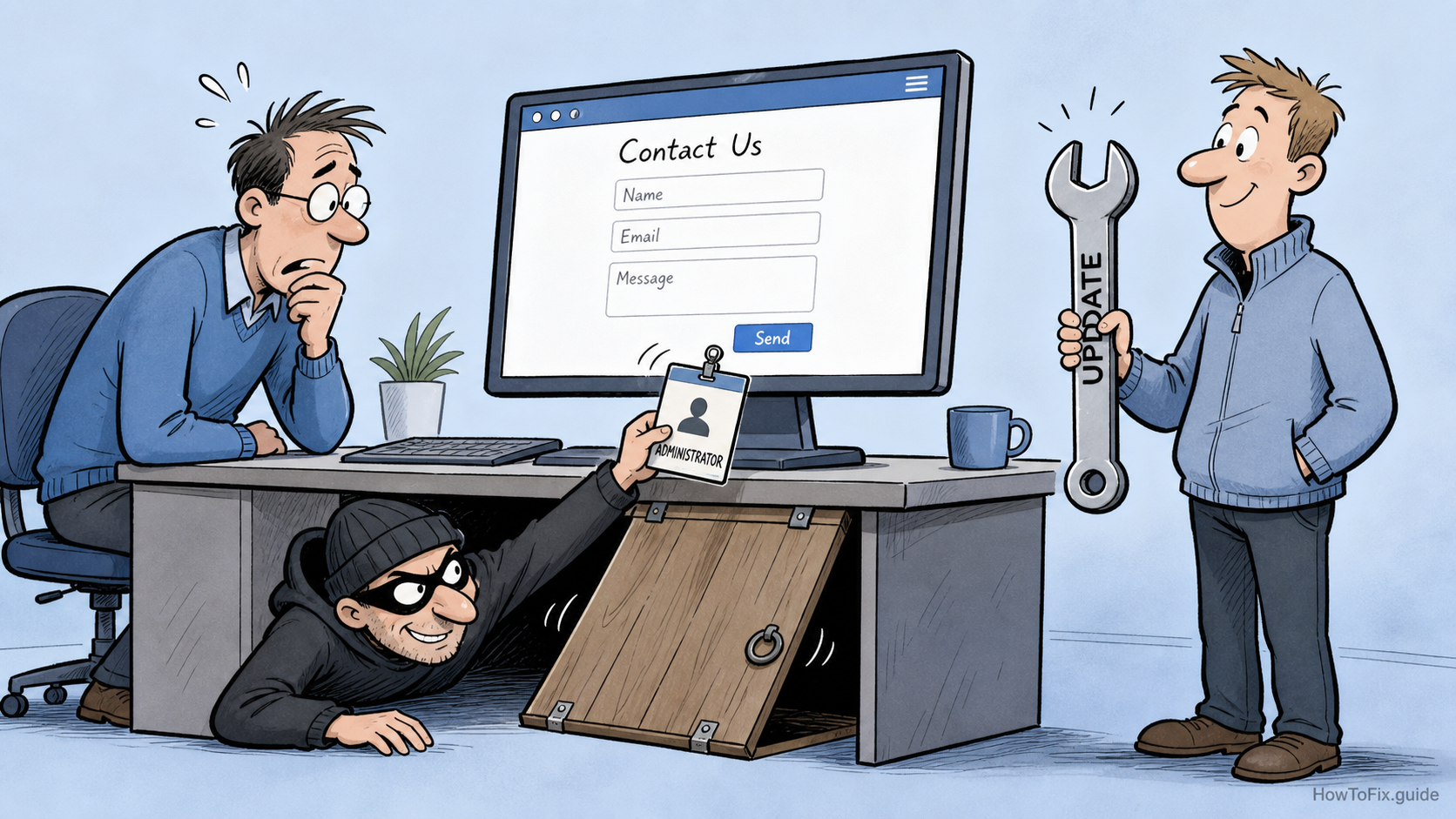 Editorial cartoon about a vulnerable WordPress form plugin letting an attacker push a fake administrator badge through a trapdoor