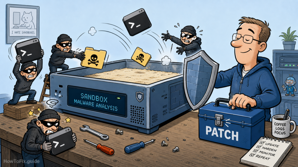 Editorial cartoon about patching FortiSandbox CVE-2026-25089 and related exploited RCE bugs