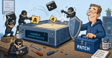 Editorial cartoon about patching FortiSandbox CVE-2026-25089 and related exploited RCE bugs