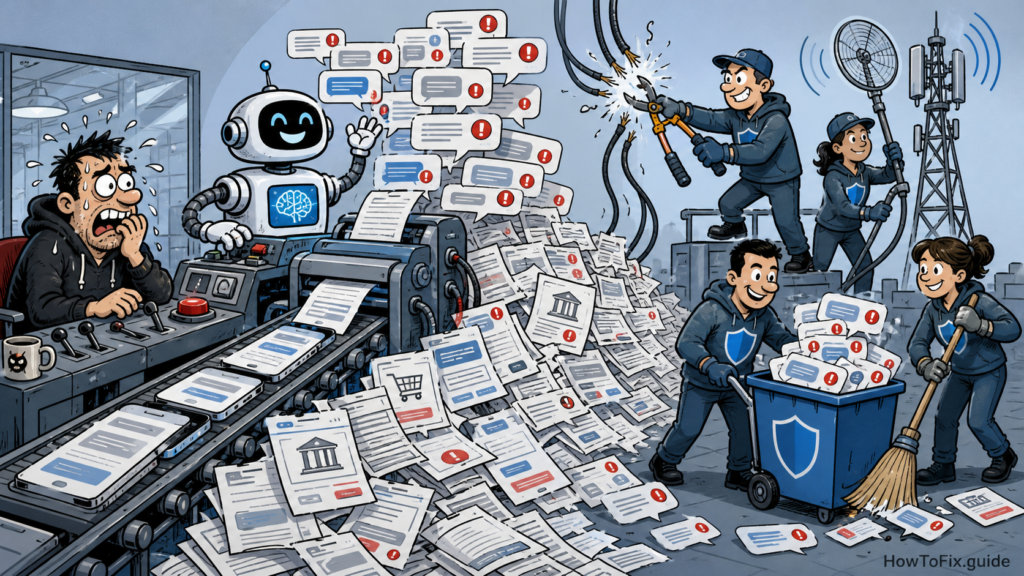 Editorial comic showing defenders shutting down an AI-powered smishing factory