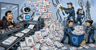 Editorial comic showing defenders shutting down an AI-powered smishing factory