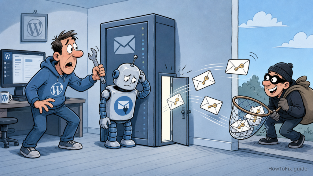 Editorial comic about Gravity SMTP CVE-2026-4020 exposing email API keys through an open REST endpoint