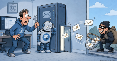 Editorial comic about Gravity SMTP CVE-2026-4020 exposing email API keys through an open REST endpoint