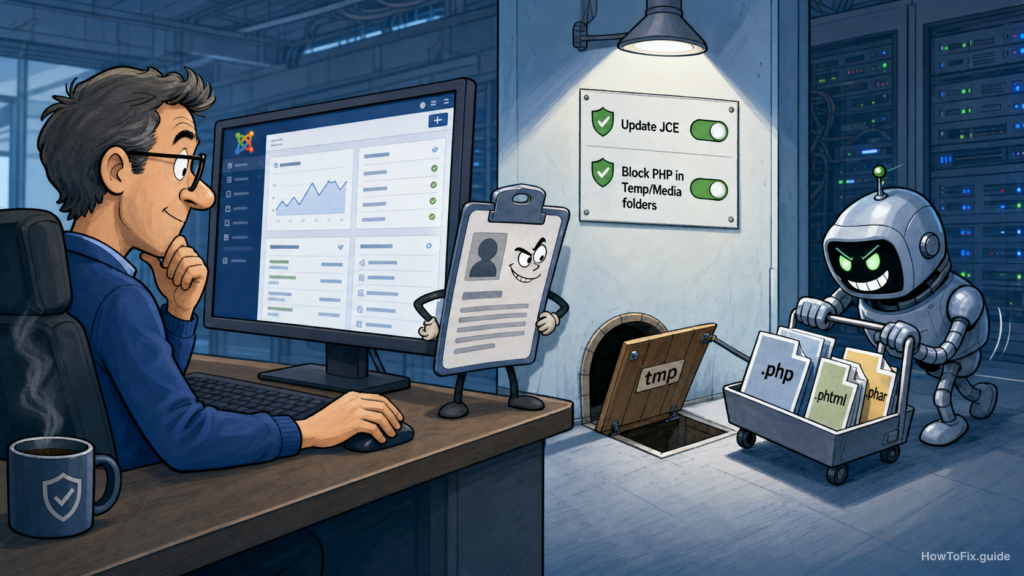 Editorial cartoon about patching Joomla Content Editor CVE-2026-48907 and blocking PHP uploads