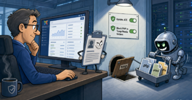 Editorial cartoon about patching Joomla Content Editor CVE-2026-48907 and blocking PHP uploads