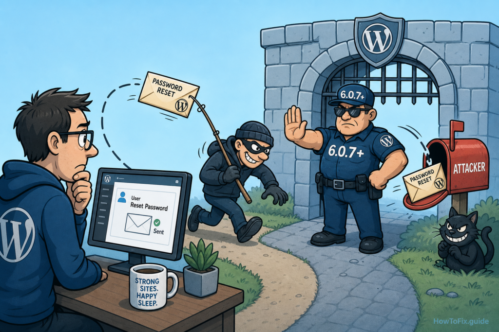 Editorial comic about Kirki CVE-2026-8206 password reset hijacking in WordPress