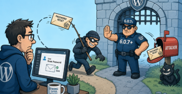 Editorial comic about Kirki CVE-2026-8206 password reset hijacking in WordPress