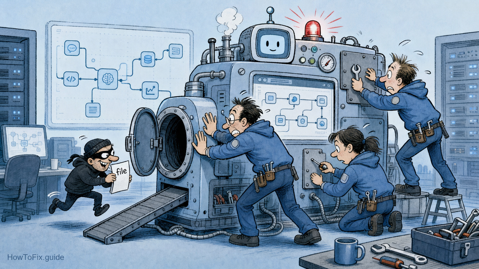 Editorial cartoon about defenders closing an exposed Langflow file-upload hatch