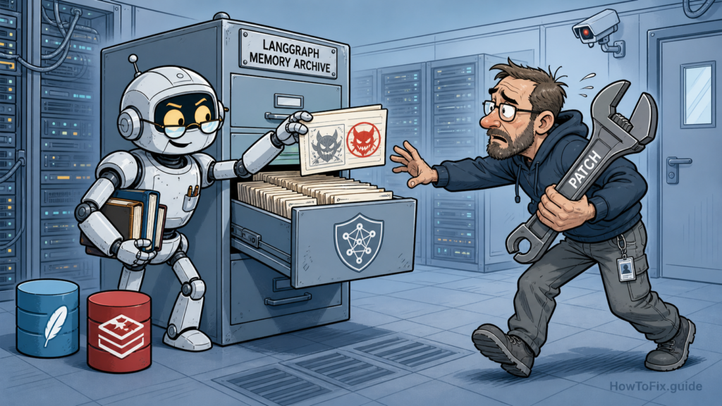 Editorial comic about patching vulnerable LangGraph AI agent checkpointers