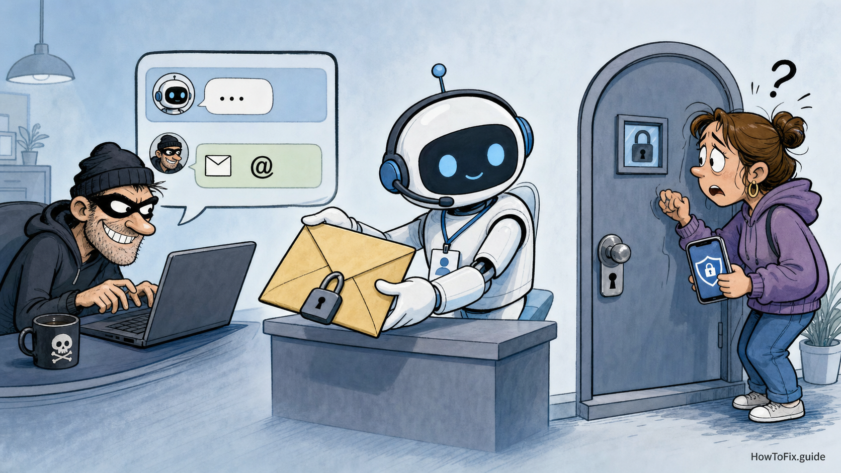 Editorial cartoon showing an AI support assistant handing a password reset envelope to an attacker while the real Instagram account owner is locked out