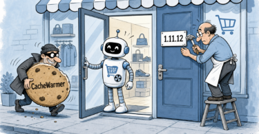 Editorial comic showing a CacheWarmer cookie opening a Magento storefront door while the owner patches version 1.11.12.
