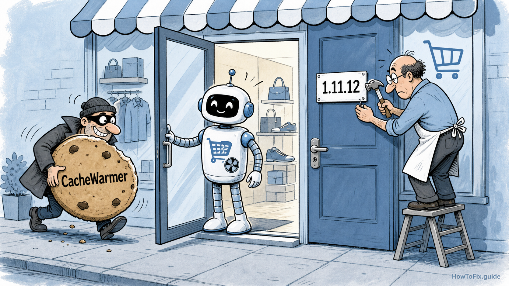 Editorial comic showing a CacheWarmer cookie opening a Magento storefront door while the owner patches version 1.11.12.