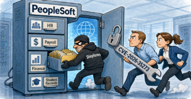 Editorial cartoon showing ShinyHunters stealing folders from a PeopleSoft cabinet while defenders rush in with a CVE-2026-35273 patch wrench