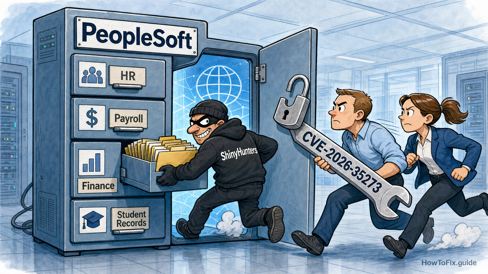 Editorial cartoon showing ShinyHunters stealing folders from a PeopleSoft cabinet while defenders rush in with a CVE-2026-35273 patch wrench