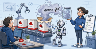 Editorial cartoon showing the Miasma npm supply-chain worm being caught during a build pipeline check