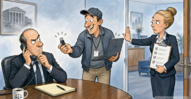 Editorial cartoon showing a fake IT support visitor stopped before accessing a law firm computer