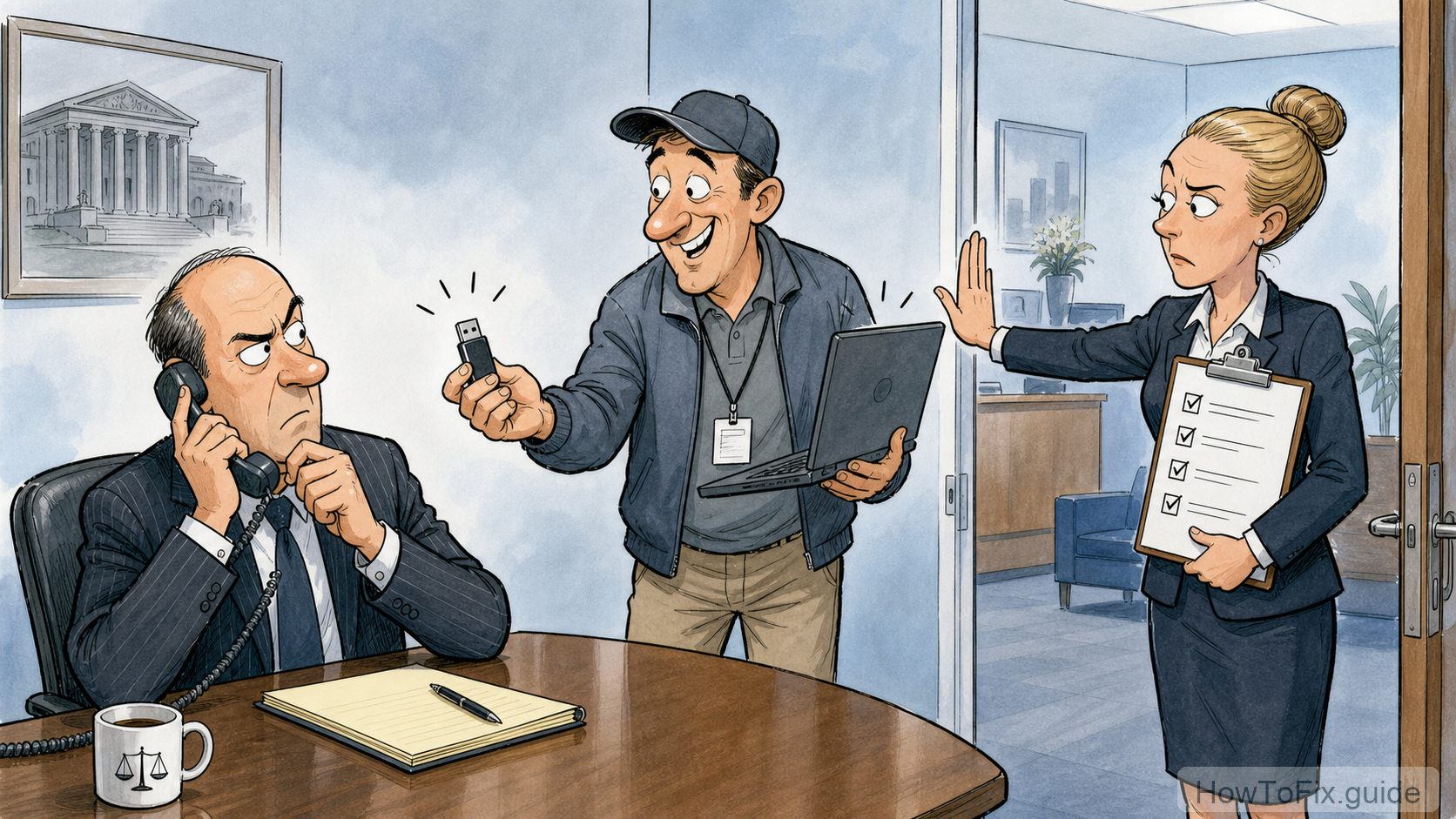 Editorial cartoon showing a fake IT support visitor stopped before accessing a law firm computer
