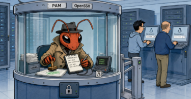 Editorial cartoon showing Velvet Ant hiding inside Linux PAM and OpenSSH login controls