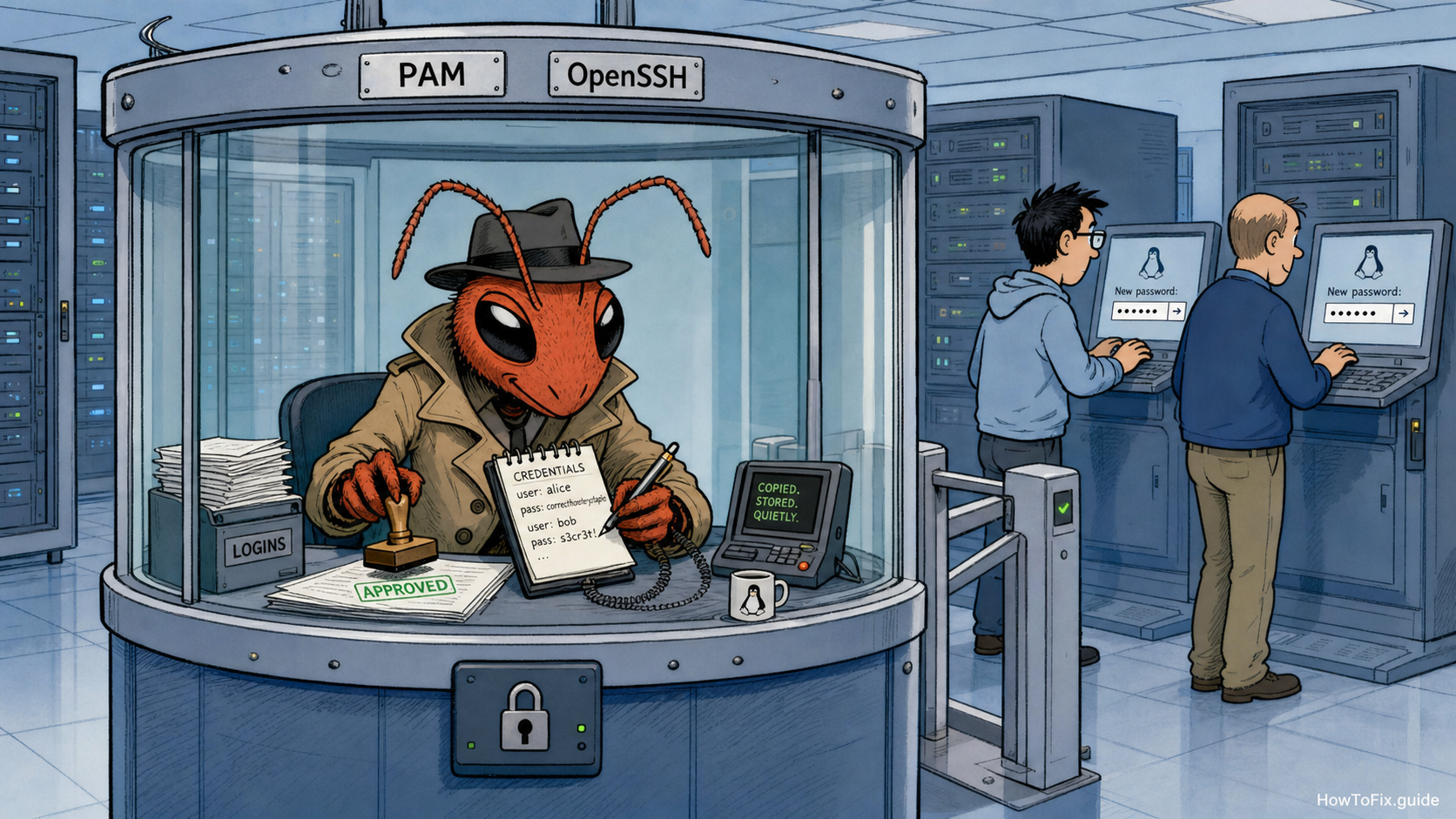 Editorial cartoon showing Velvet Ant hiding inside Linux PAM and OpenSSH login controls