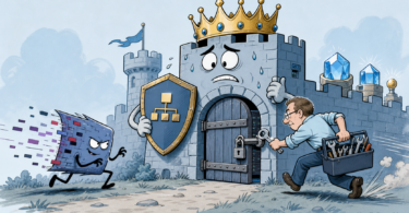 Editorial cartoon about patching Windows Netlogon CVE-2026-41089 on domain controllers