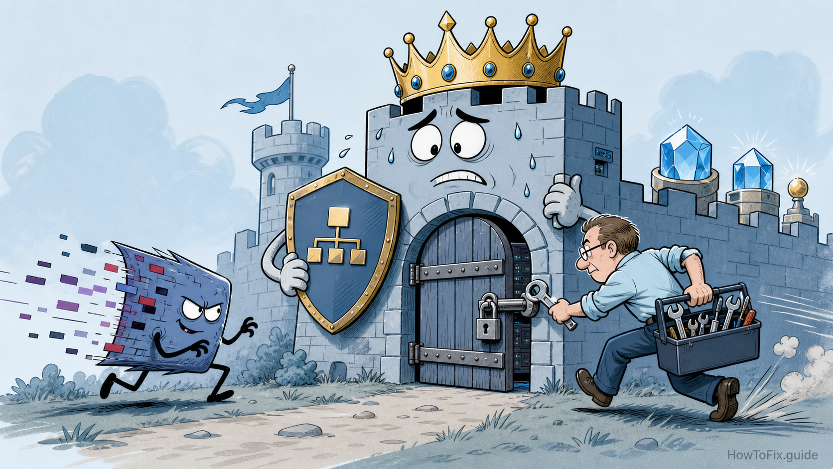 Editorial cartoon about patching Windows Netlogon CVE-2026-41089 on domain controllers