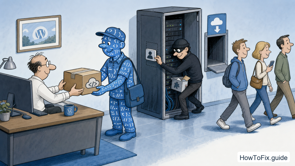 Editorial cartoon showing a trusted WordPress script delivery hiding a backdoor admin account.