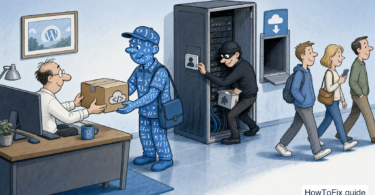 Editorial cartoon showing a trusted WordPress script delivery hiding a backdoor admin account.